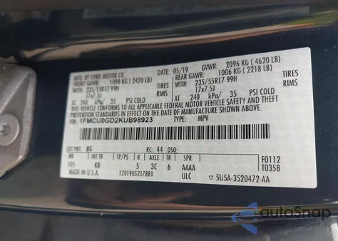 2019 Ford Escape Se z USA, uszkodzony, nr VIN 1FMCU0GD2KUB98923